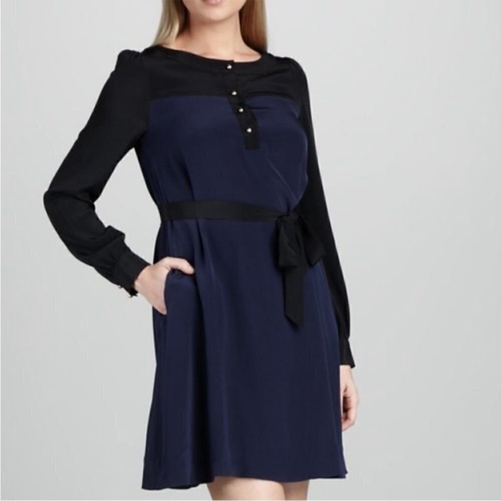 Kate Spade 100% Silk Colorblock Black Blue Popover Shift Career‎ Dress size 8